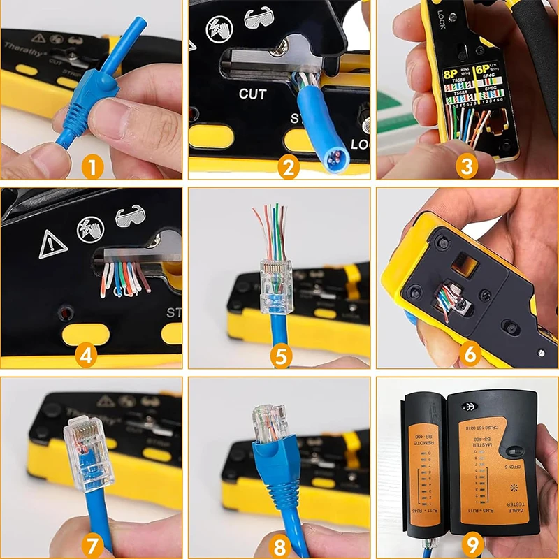 RJ45 Crimp Tool Pass Through Ethernet Crimping Tool for Cat6 Cat5 Cat5e RJ45 Connectors with Replacement Blade