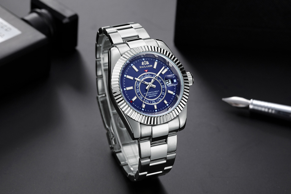 Reloj mecánico automático de cuerda automática para hombre, correa de acero inoxidable, oro rosa, plata, azul, fecha, cielo de lujo, 40mm