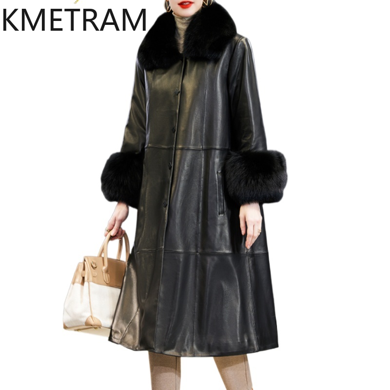 Prawdziwa owcza kurtka puchowa Kobieta Luksusowe długie płaszcze puchowe Zimowy kołnierz z futra norek Luźny płaszcz Odzież damska 2025 Кожаный пуховик