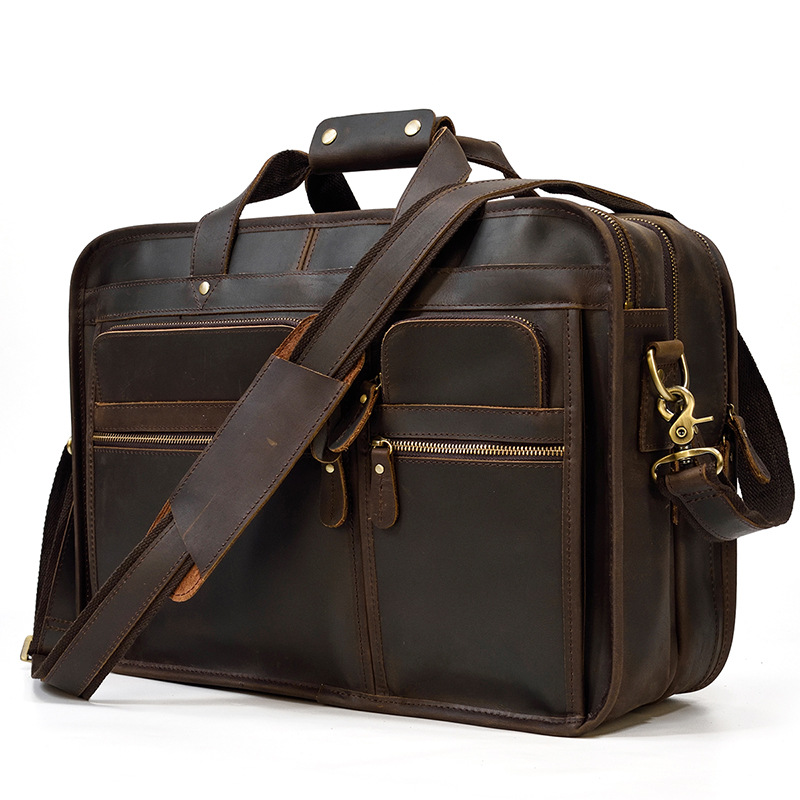 Maletín Vintage de cuero con bolsillos para hombre, maletín de negocios de piel de vaca, bolsas para ordenador portátil de cuero Crazy Horse, diseño 2019