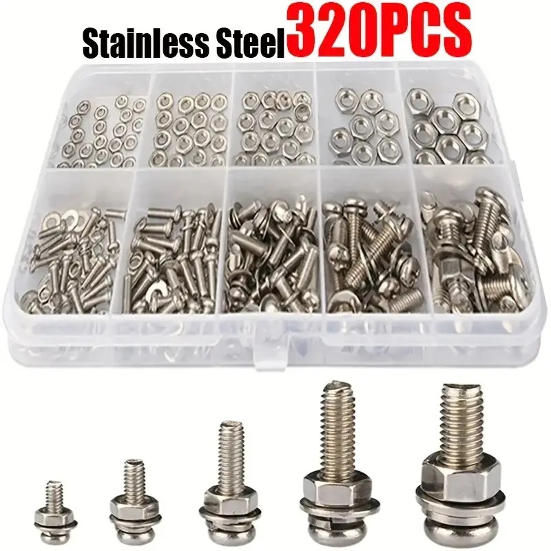 Kit surtido de tuercas y tornillos de acero inoxidable premium de 320 piezas: resistentes a la corrosión, tuercas a presión, tamaños M2 a M5 - Ideal para bricolaje,