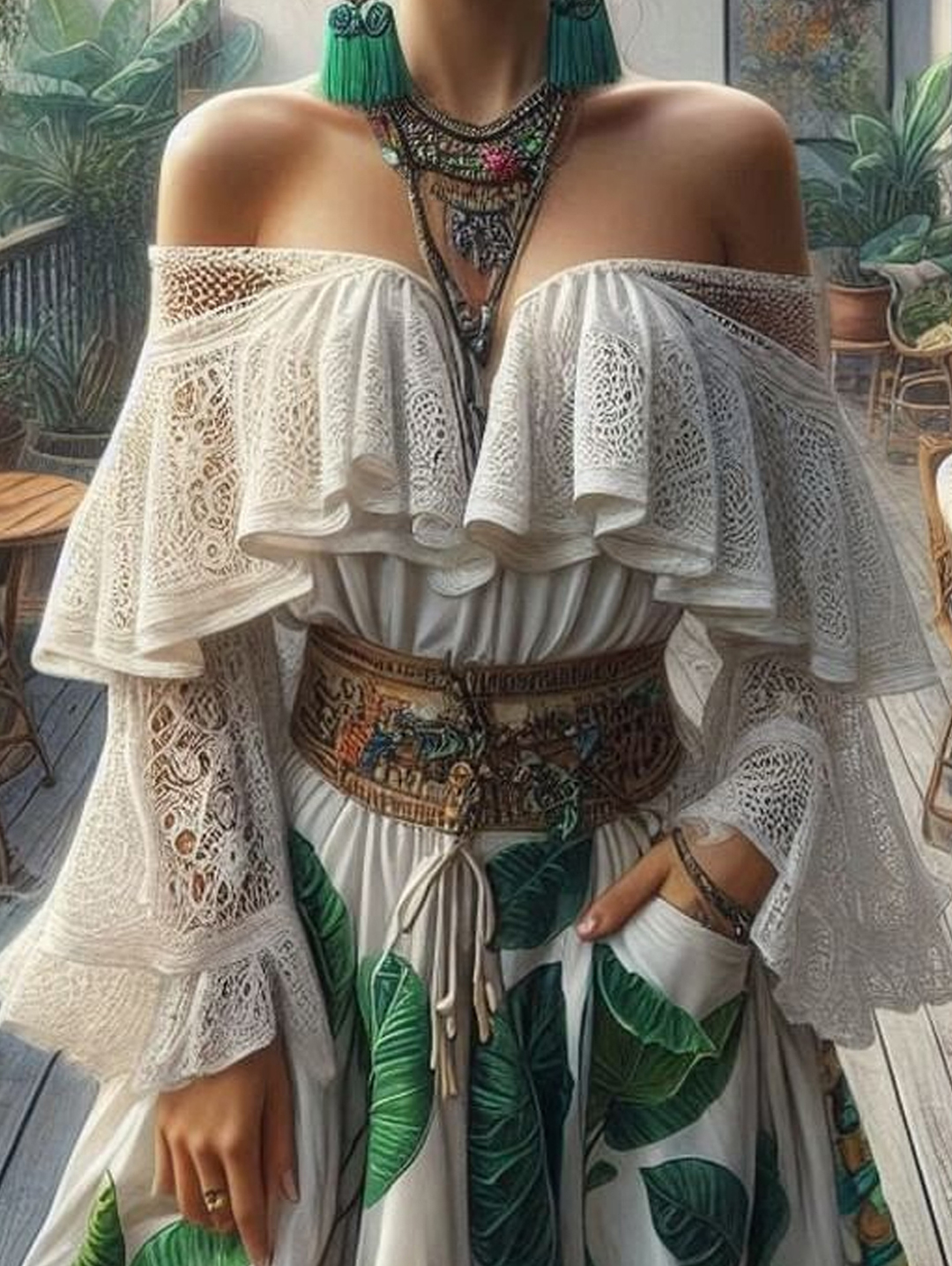 Frauen Top Elegante Bluse Off Schulter Top Langarm Einfarbig Spitze Hohl Hemd Flare Hülse Rüschen Crop Top Sommer Rohr Top