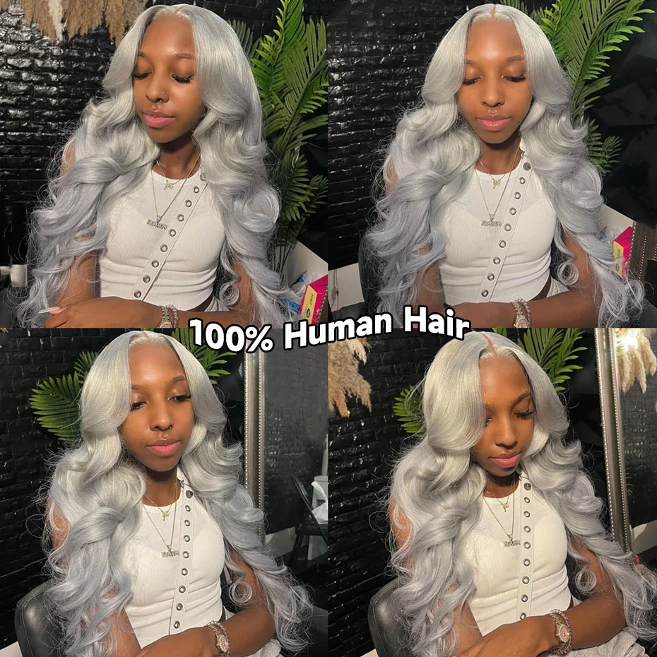 13x6 Parrucche Anteriori Del Merletto di Colore Grigio Argento Per Le Donne 613 Bionda Dell'onda Del Corpo di Remy Parrucca Frontale Del Merletto Trasparente Dei Capelli Umani Pre Pizzicate
