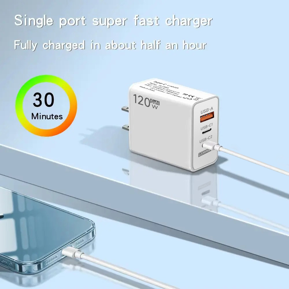 120W USB C Charger GaN Fast Charging Wall Adapter 6A Type C Cable For iPhone Samsung Xiaomi PD QC3.0 EU/US/UK Plug Phone Charger