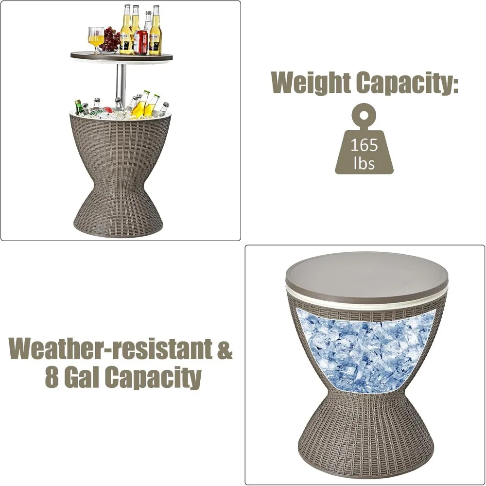 Outdoor Cool Bar Table, 8 Gallon Beer and Wine Cooler, Height Adjustable Rattan Style Cocktail Patio Bar Tables, 3-in-Ice