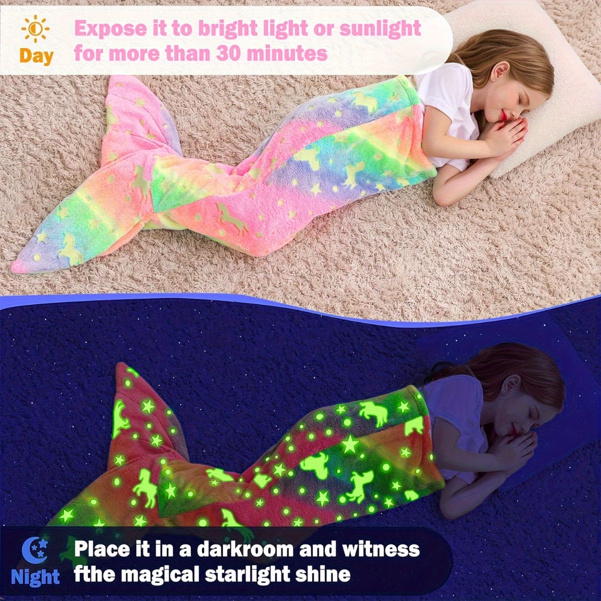 Coperta a coda di sirena con unicorno arcobaleno cartone animato Coperta a coda di sirena in flanella super morbida che si illumina al buio Regali per ragazze