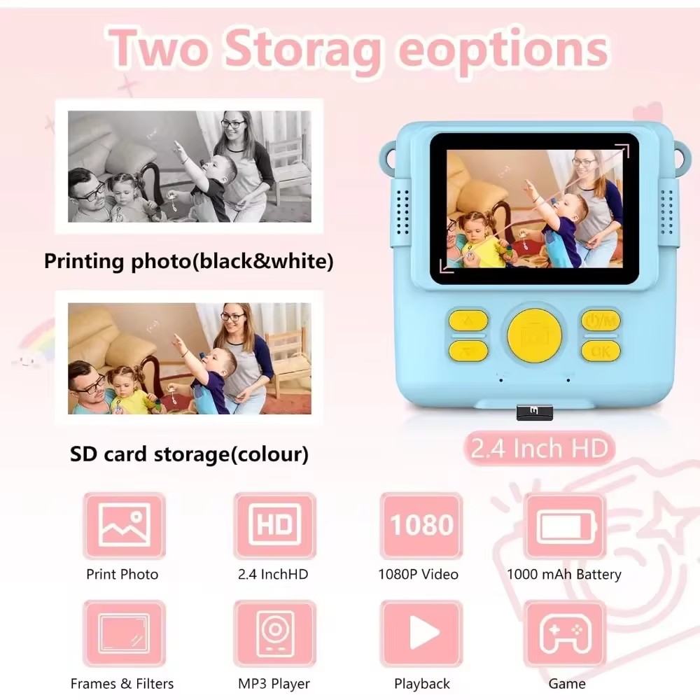 Portable Instant Print Camera for Kids - 1080P HD Video Camera with 3 Rolls Photo Paper and 32GB Card, Perfect Toy for Toddlers