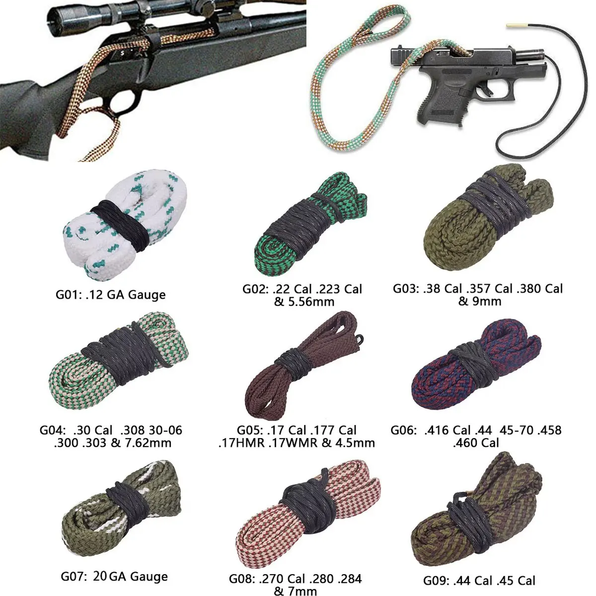 Kit de limpieza de pistola táctica, limpiador de agujeros, cuerda calibre de barril de Rifle, 9mm, 12GA.22.223.308.338.380 5,56mm 7,62x39 5,45x39
