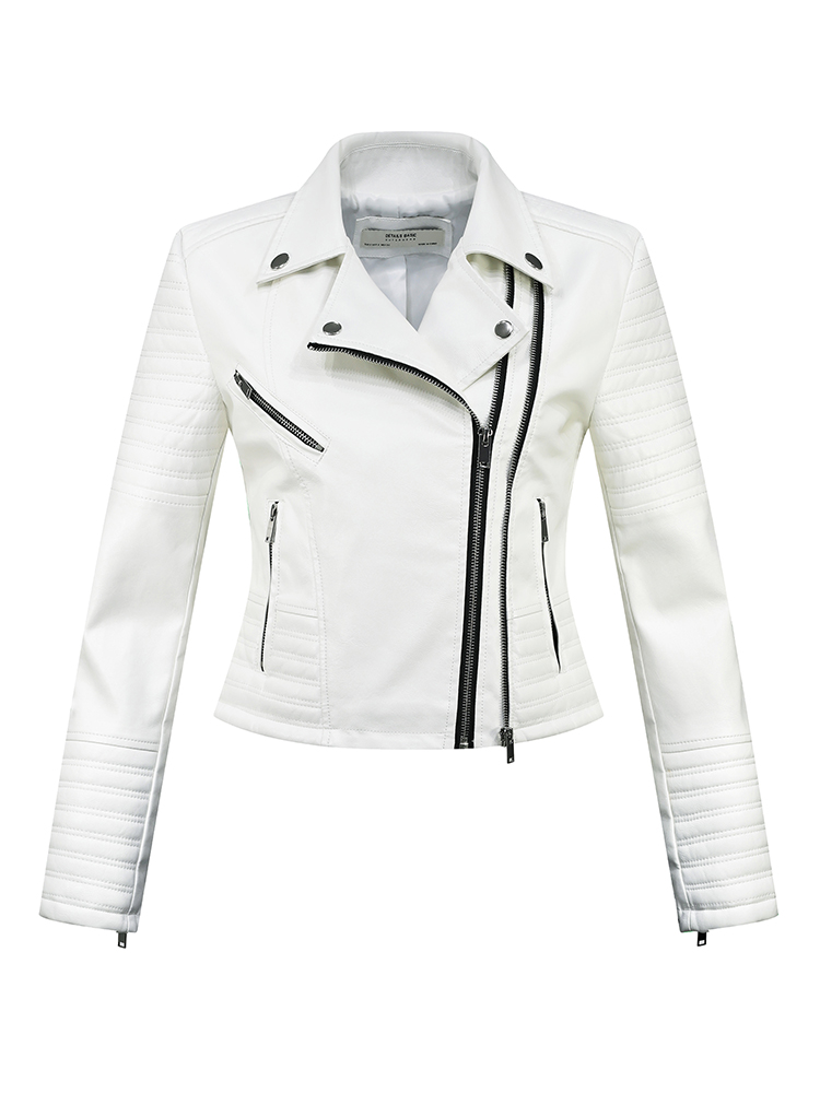 2025 新ファッション女性オートバイ白フェイクシープスキンレザージャケット女性秋冬バイカージッパーストリート黒コート