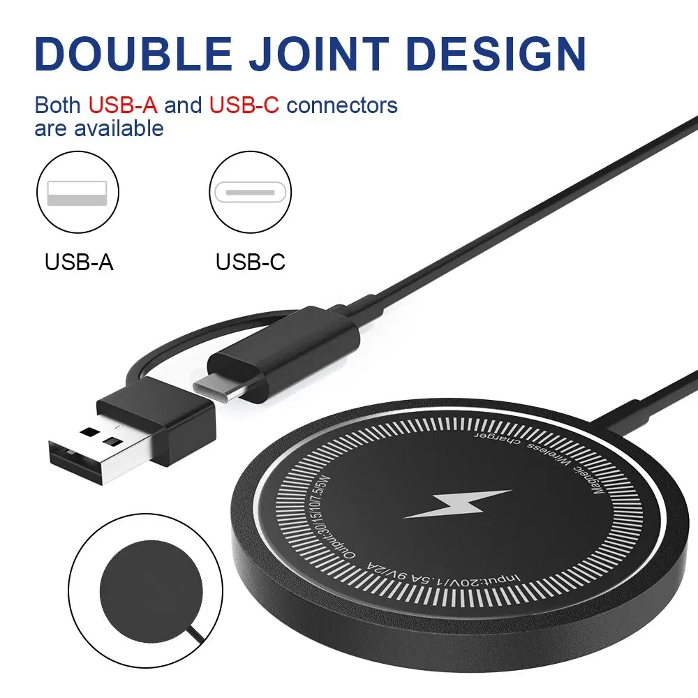 Carregador sem fio 15W compacto e conveniente preto para iPhone 15/14/13/12/11/Pro/Max/Se 2020/Xs/Xr/X/8 Plus Android Phone