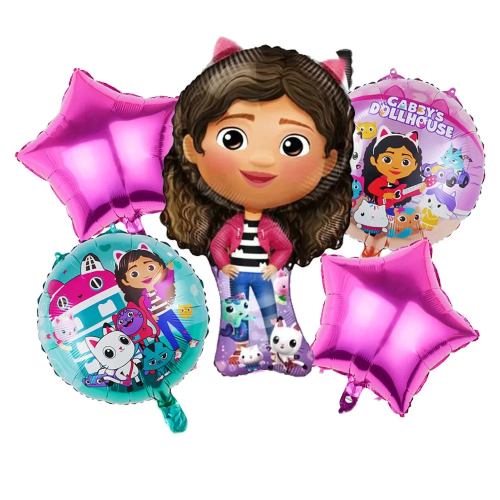 5 sztuk dekoracji urodzinowych dla dzieci Gabby domek dla lalek motyw Gabby domek dla lalek zestaw balonów z folii aluminiowej gwiazda Globos