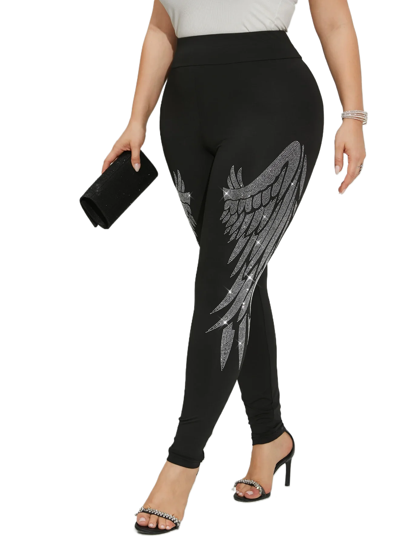 Damen-Leggings in Übergröße, glitzernde Strass-Engelsflügel-Muster, schmale Hose, modisch, lässig, hohe Stretch-Strickhose