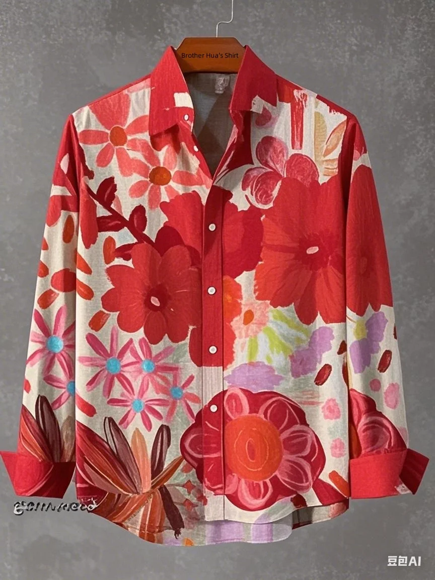 New spring, summer and autumn men's stand-up collar linen long-sleeved shirt, flowing floral print top, fast delivery from Hawai