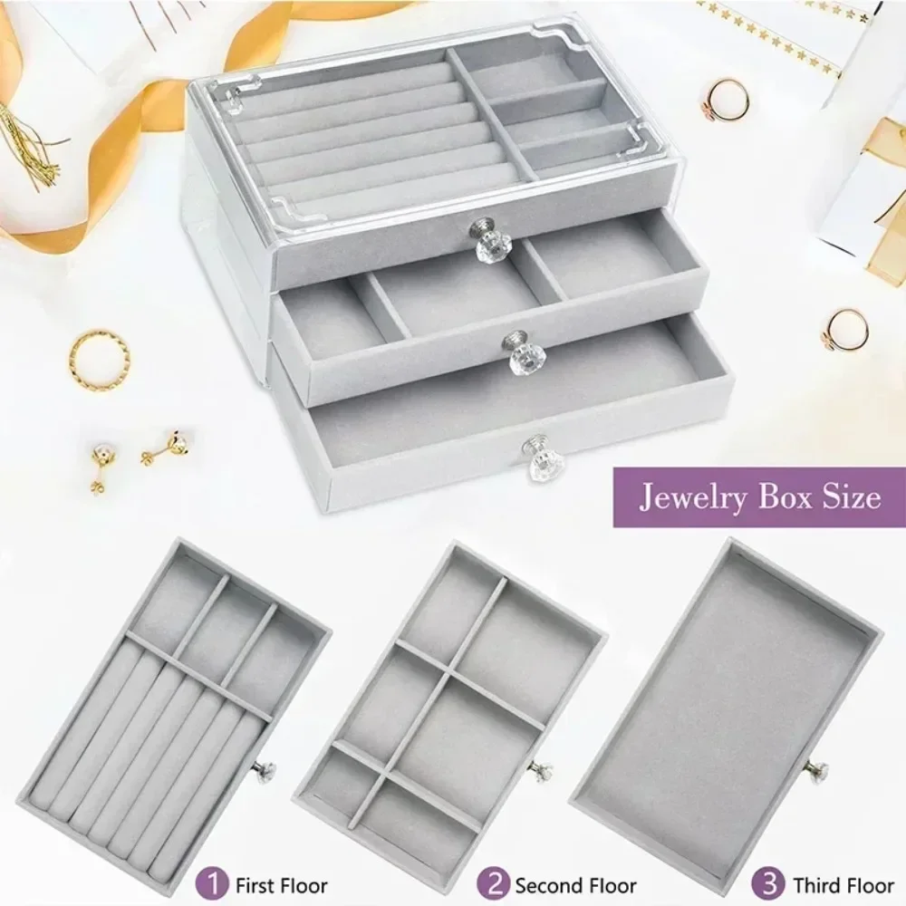 อะคริลิคกํามะหยี่เครื่องประดับ 3 ลิ้นชัก STACKABLE จัดเก็บต่างหูสร้อยคอสร้อยข้อมือกล่องสําหรับสตรี