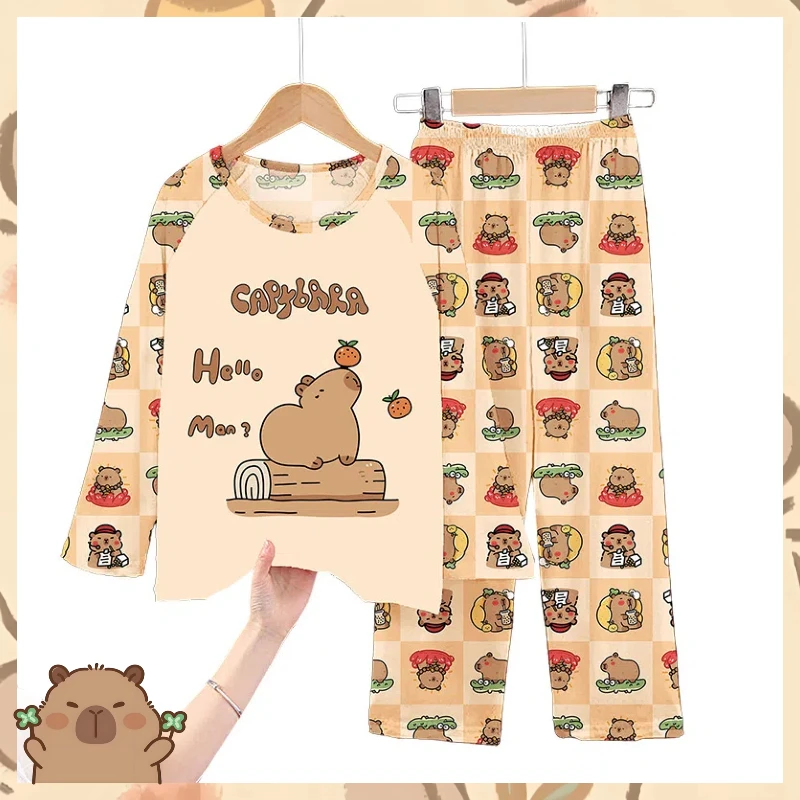 Capibara Kinder-Pyjama-Sets, langärmelige Loungewear mit niedlichem Tiermotiv, weiche Nachtwäsche für Jungen/Mädchen, Cartoon-Schlafhose-Outfit