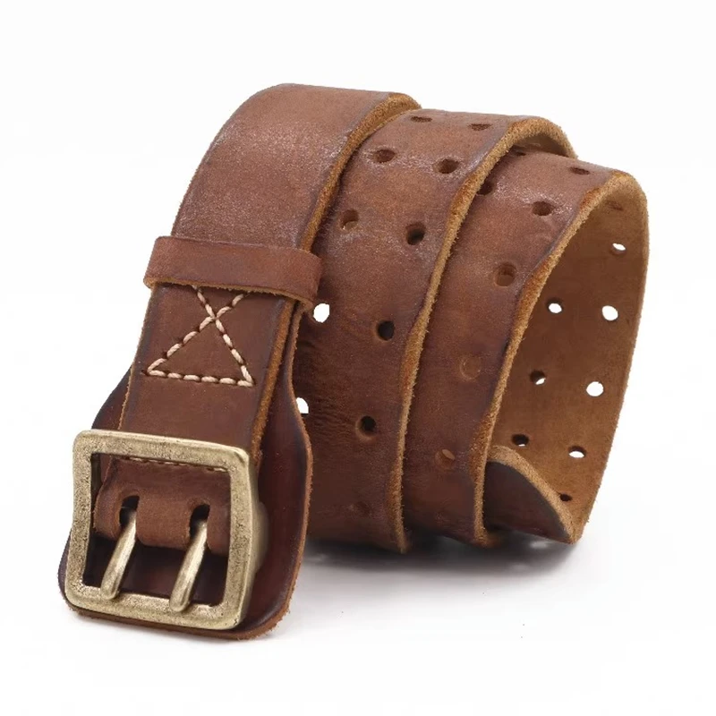 Cinturón Original hecho a mano con hebilla de doble aguja para hombre, cinturón vaquero Macho antiguo hecho con agua, cinturón táctico del ejército y2k de cuero genuino