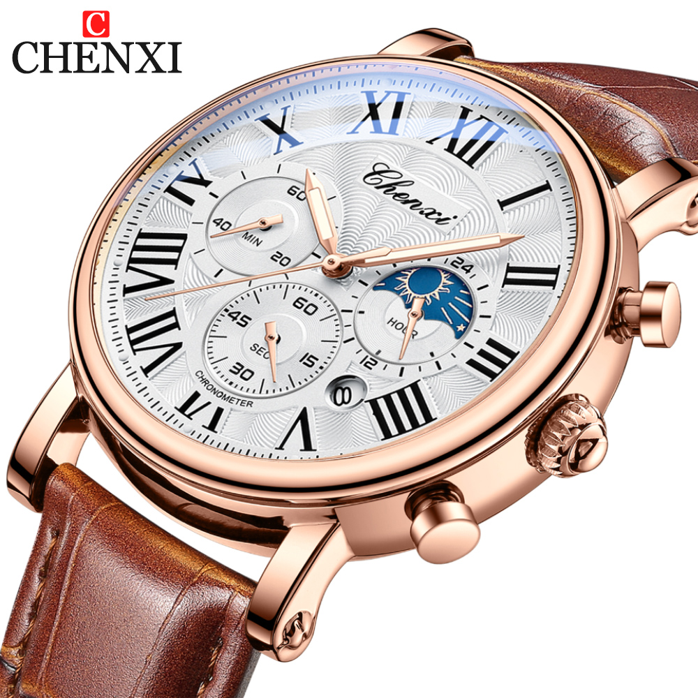 CHENXI แฟชั่นธุรกิจ Mens นาฬิกาสุดหรูควอตซ์นาฬิกา Auto Date Chronograph Men หนังกันน้ํานาฬิกาข้อมือ