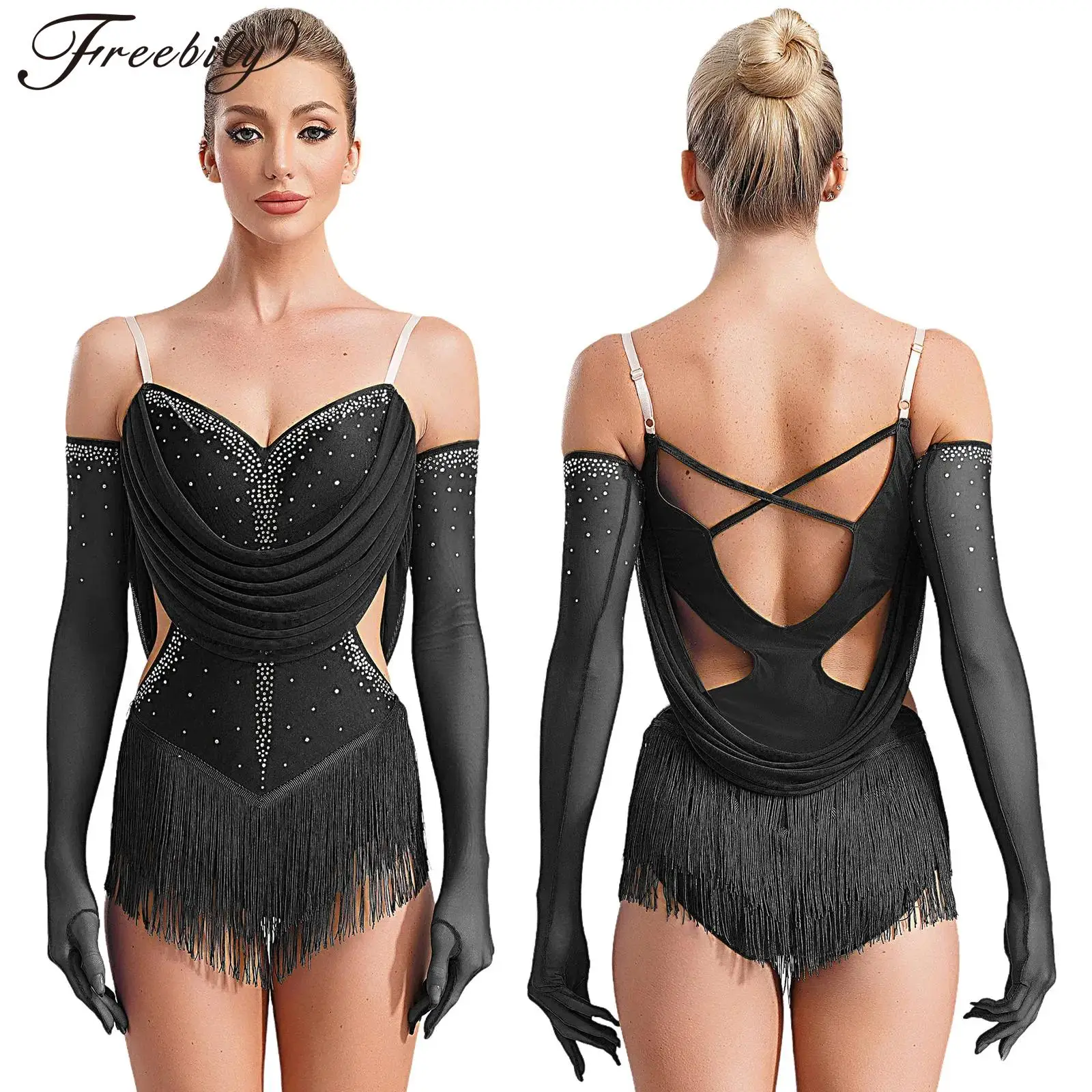 Frauen Latin Dance Trikot Kleid Eiskunstlauf Cha-cha Samba Tango Kostüm Ärmellose Strass Quaste Body mit Handschuhen