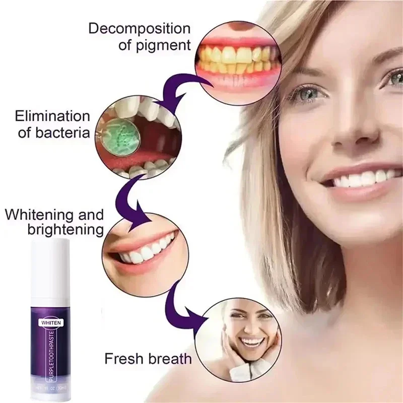 Pasta de dientes blanqueadora púrpura, 30ml, elimina las manchas, Reduce el cuidado del amarillento para las encías, aliento fresco, ilumina los dientes 2025