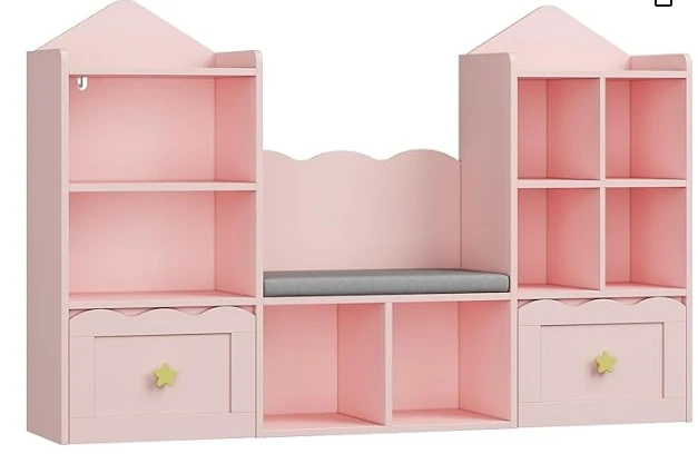 Bookshelf with Reading Nook, Kids Bookcase with Soft Cushion Seat, 2 Wheels Drawers and 8 Storage Cubbies, Toy Storage Orga