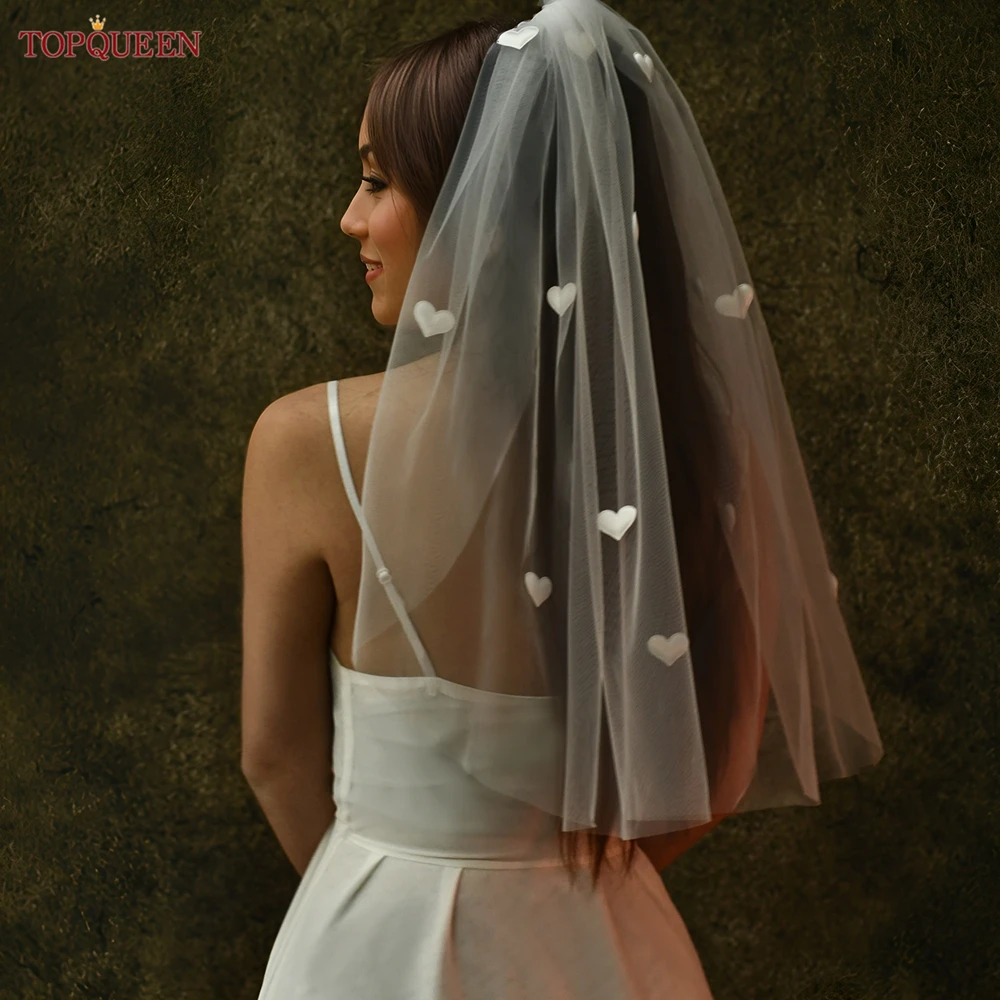 TOPQUEEN Kerudung Pernikahan Cinta Putih Pengantin Super Lucu Panjang 60Cm Lapisan Tunggal Putih Susu Putih Sampanye Dapat Disesuaikan V272