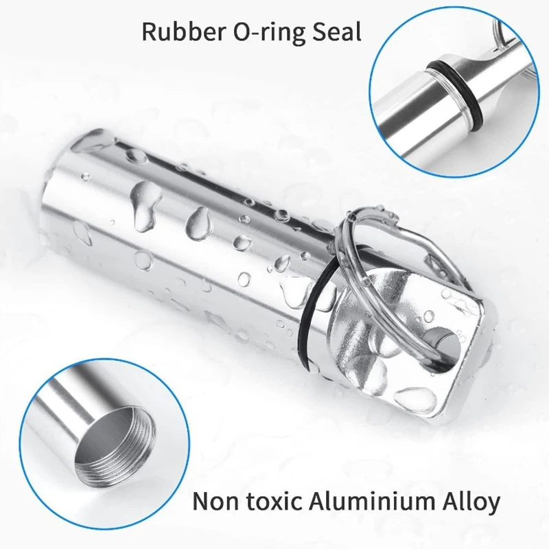 Aluminum Waterproof Pill Box Cases with Sealed Storage, Flat Head, Round Alloy Cartridge and Keychain for Vitamin Fish Oils