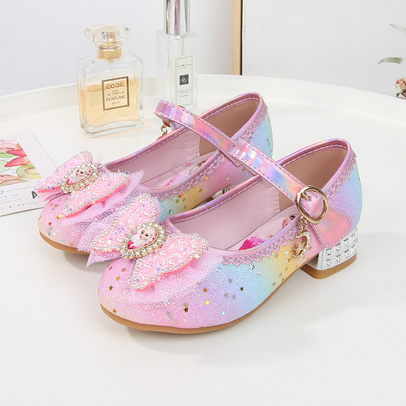Disney damskie buty na co dzień dziecięce buty na wysokim obcasie księżniczka Elsa dziewczęce błyszczące tęczowe kryształowe skórzane różowe niebieskie buty rozmiar 23-36