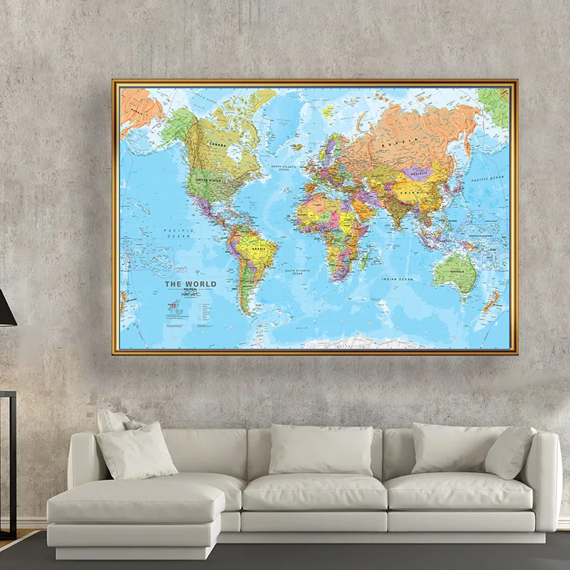 Mapa del mundo de 150x100cm, póster de pared detallado, lienzo impreso transparente, pintura decorativa, cuadro colgante, suministros escolares para el hogar y la Oficina
