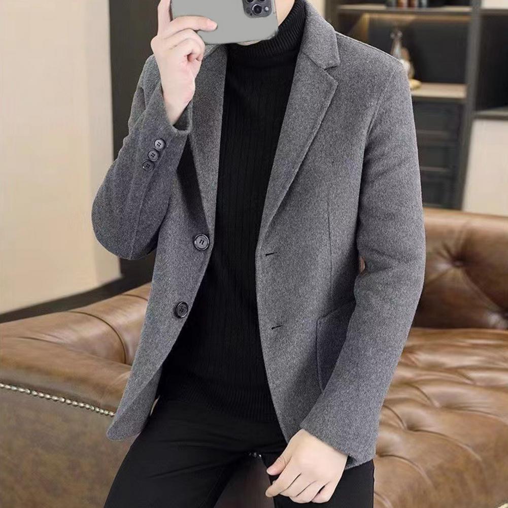 Men Woolen Suit Jacket Vertical Pockets Two-button Lapel Suit Wool Blazer Coat Formal Business Men Blazer Coat Wool Short Coat
