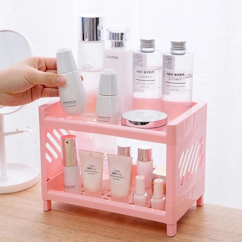 1PC PP Desktop Double Layer Storage Rack Rectangular White Organizing Student Desk Office Cosmetics Stationery