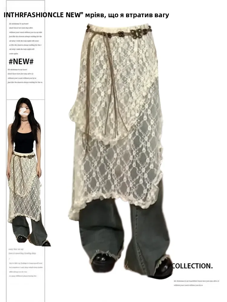 Large Size Irregular Mid-Length Lace Skirt A-Line Me Patchwork Wood ain  f Skirt Women's Sle Commute Korean Version