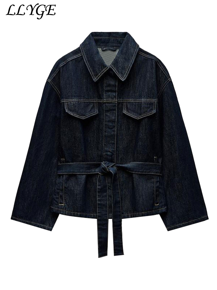 Vintage emendado denim jaqueta calças definir cinto feminino único breasted jaquetas bolsos jeans retos 2025 primavera senhora rua outfit