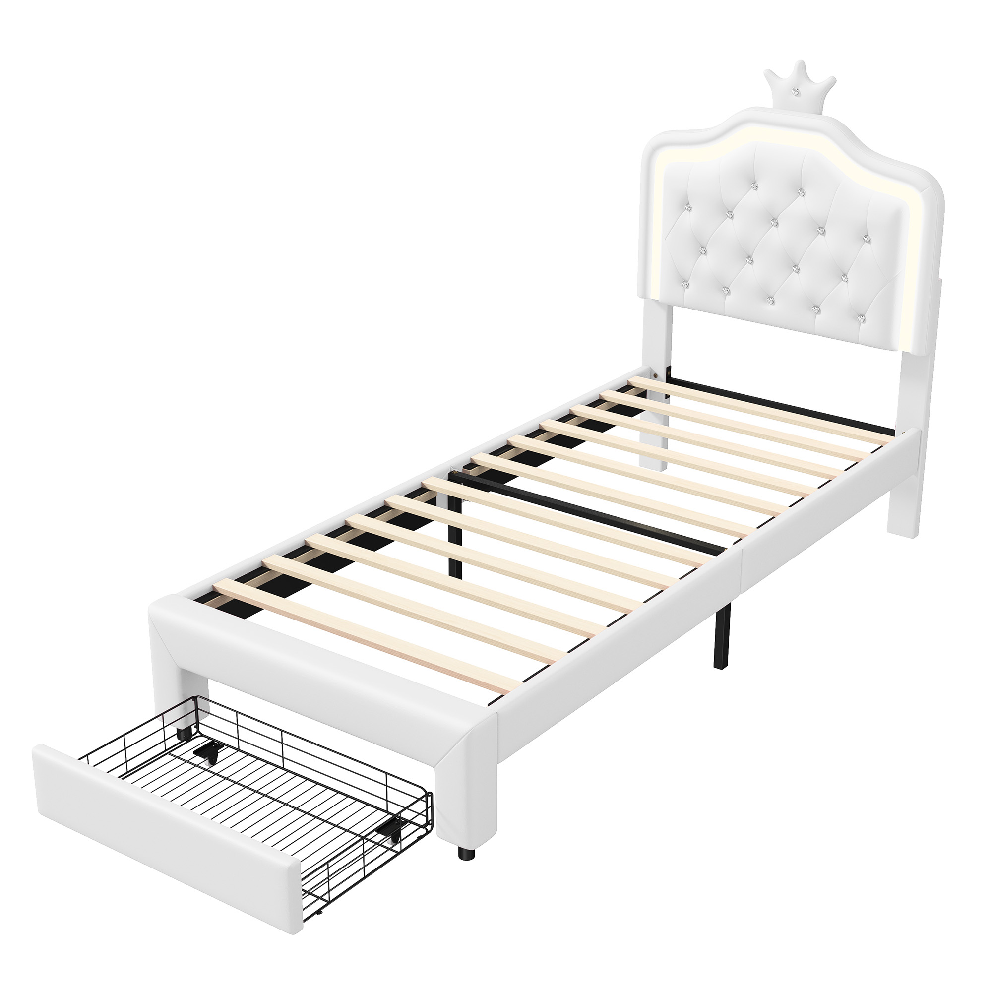 Lit bébé avec 1 égout de proximité et lumières LED, 90x200 cm, simple, blanc, filles, cuir PU, base à lattes et dossier