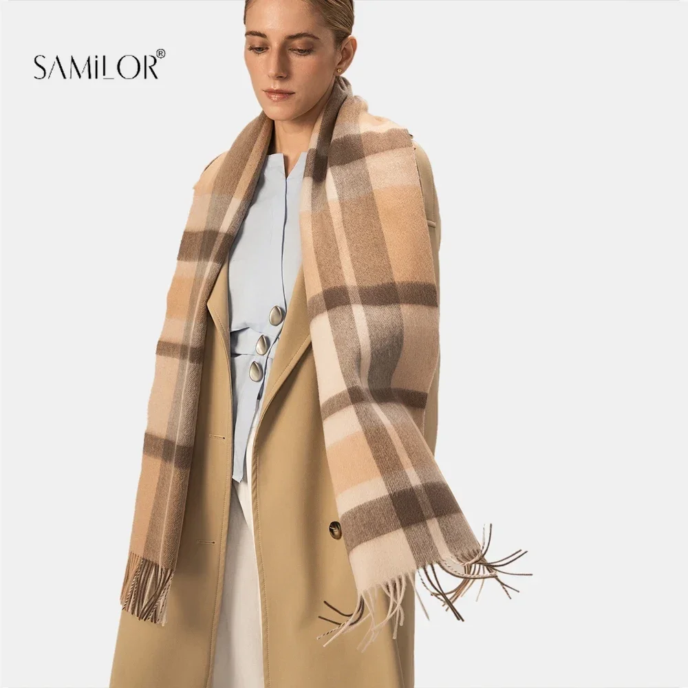 Bufanda de Invierno para mujer, chales a cuadros, estilo británico, Pashmina gruesa, chal cálido, envolturas con borla, Poncho, estolas