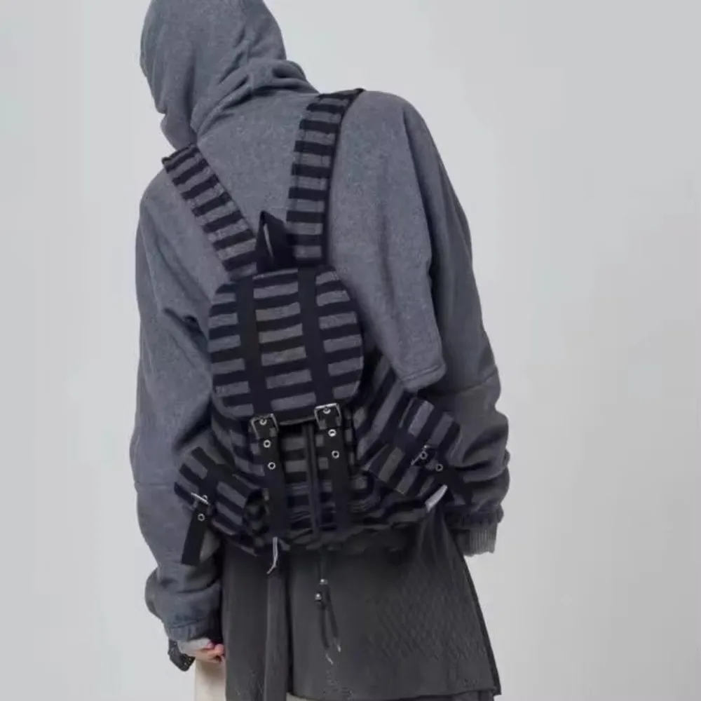 Mochilas de estilo coreano de alta calidad, diseño con cordón, mochilas informales de gran capacidad, bolsas de mano suaves y planas a rayas