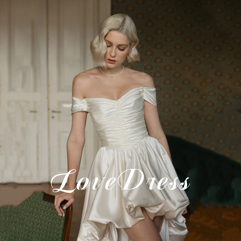 Vintage High/Low Satin Wedding Dresses Simple Off the Shoulder Sleeveless Beach Strapless Bridal Gown Sexy Backless Customized