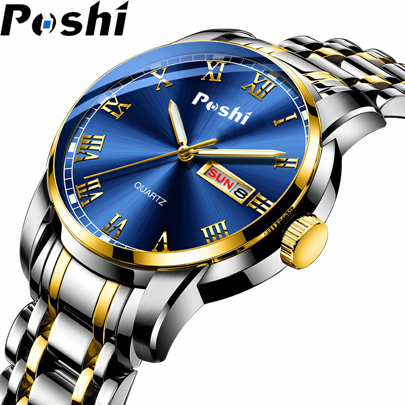 POSHI ステンレス鋼クォーツ腕時計男性の高級週日付表示発光ブレスレットファッションメンズ腕時計オリジナル時計