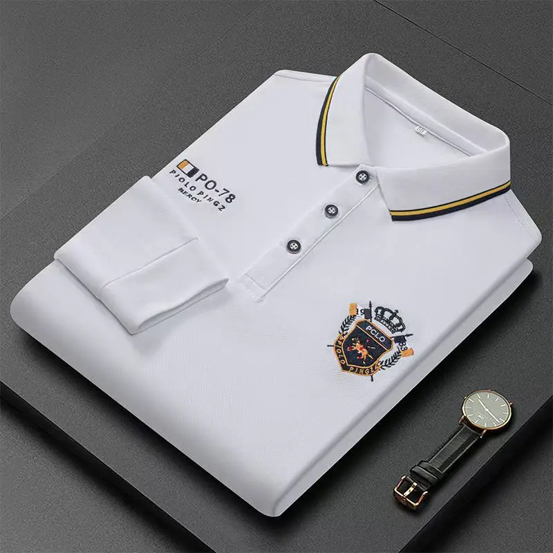 刺繍入りピュアコットンホット販売メンズポロシャツ 2024 新しい秋と冬の長袖通気性カジュアルスリムフィットトップ 4xl