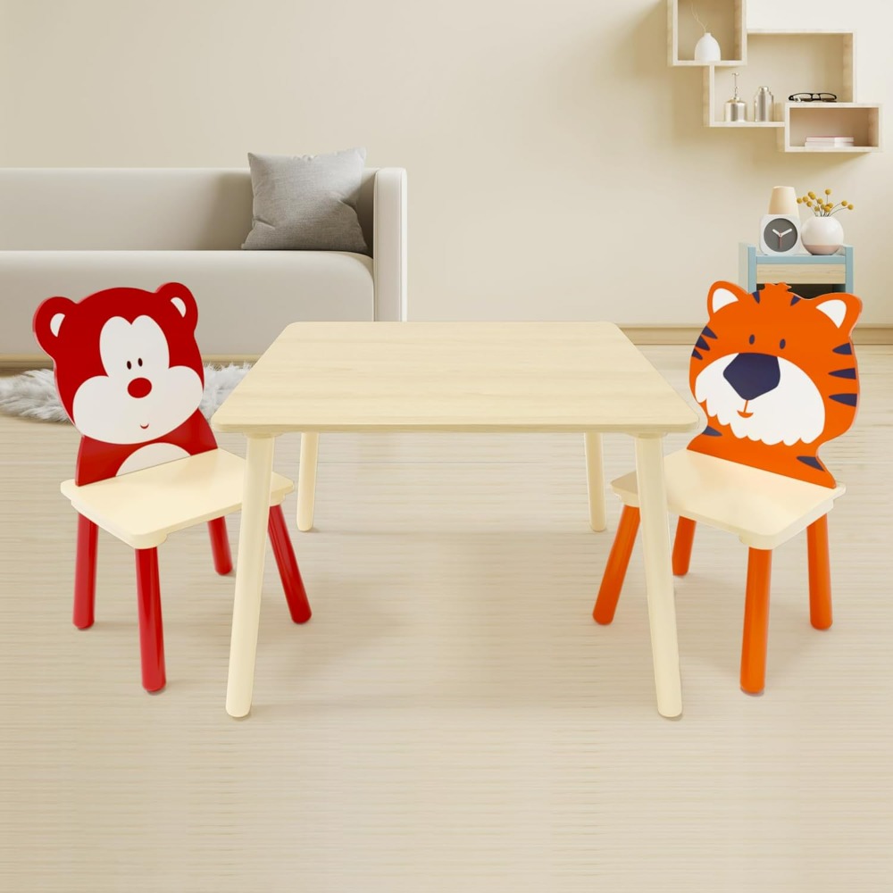 Kids Table and Chair Set, Wooden Toddler Table Set with 2 Chairs, Children Adorably Animal Activity Table for Reading, Drawing
