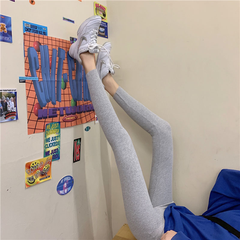 2024 新グレー女性のレギンスハイウエストフリース裏地痩身タイトベースレイヤーパンツ 9 歯の長さ春秋冬