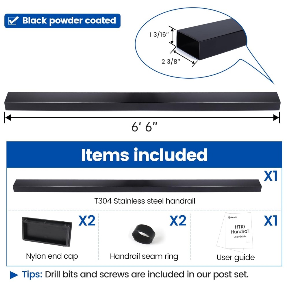 6'6" Stainless Steel Handrail Black Rectangular Handrail Top Rail