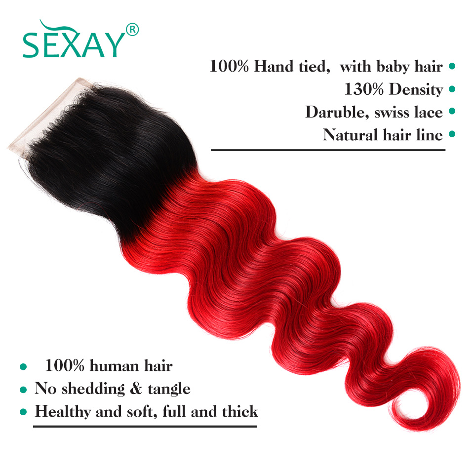 Tecer cabelo humano brasileiro de onda corporal para mulheres, pacotes vermelhos com fechamento, ombre, laço transparente, 3 pacotes, 4x4, 3 pacotes