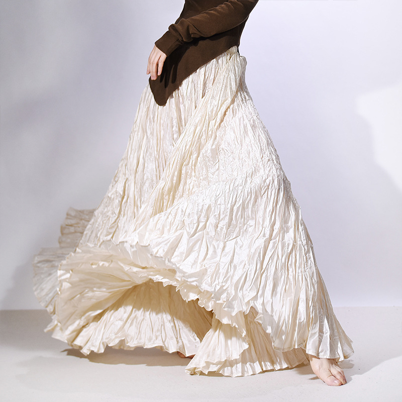 Хорошее качество, женские весенние длинные юбки, широкий подол, плиссированный дизайн, высокая талия, трапециевидные танцевальные макси-юбки, Faldas Femme, уличная одежда