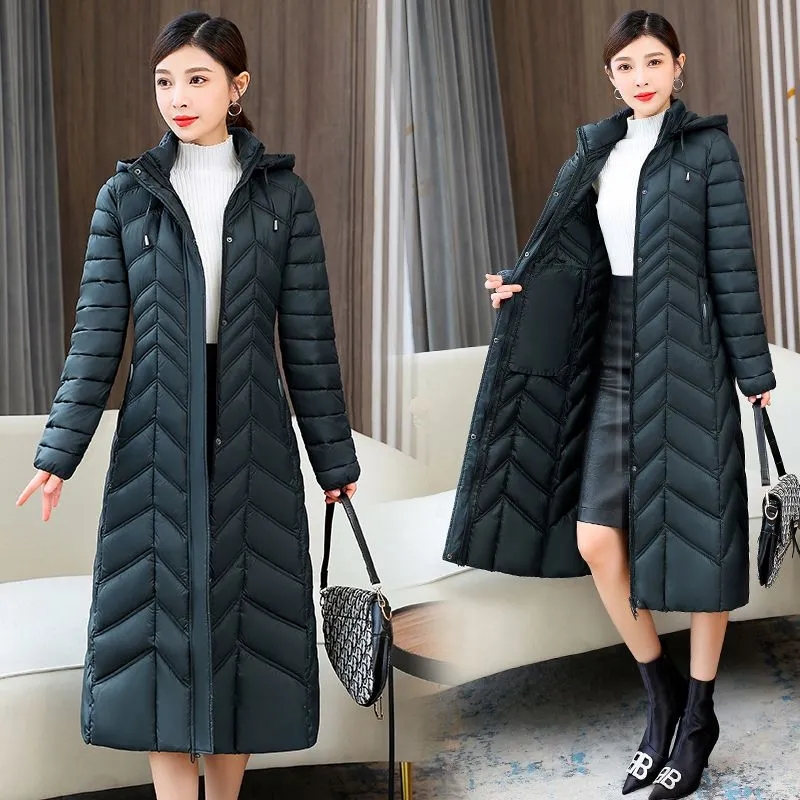 Chaqueta larga de algodón para mamá, abrigo ajustado con capucha a la moda para invierno, abrigo Parker cálido para mujer, chaquetas informales sólidas para mujer 2025