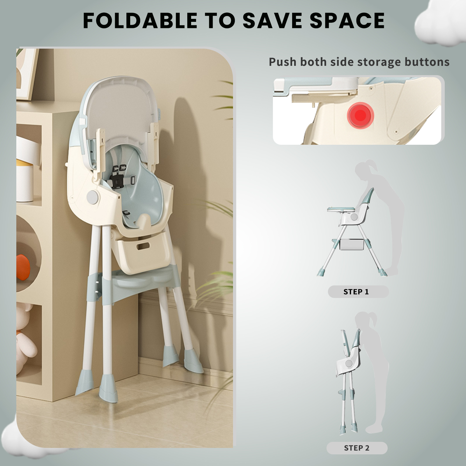 Cadeira alta dobrável para bebês, cadeira infantil, cadeira alta conversível para jantar e brincar, conforto com bandeja dupla e suporte para brinquedos