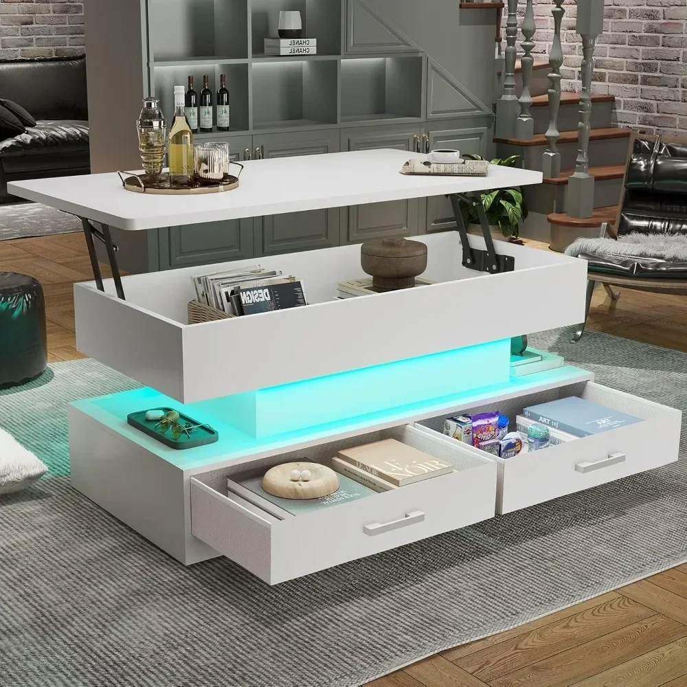 Anpassbarer Couchtisch mit Hubplatte, Couchtische mit Stauraum für Wohnzimmer, kleiner Couchtisch mit 2 Stoffschubladen und LED-L