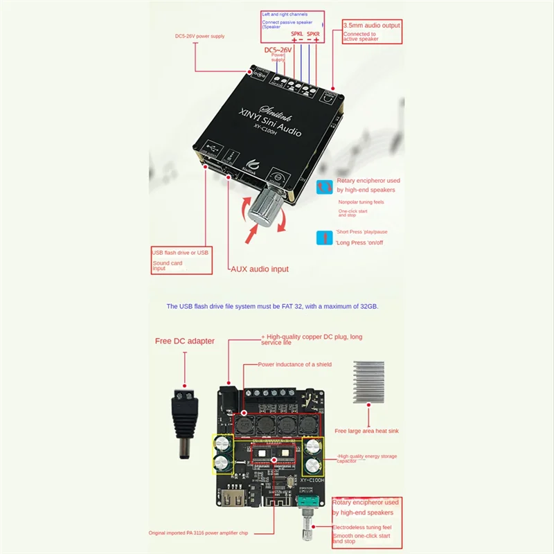 XY-C100H Bluetooth5.0 Digital Amplifier Board TPA3116D2 100W+100W 2-Channel HIFI Version 2.0 Stereo Audio Module DC5-26V