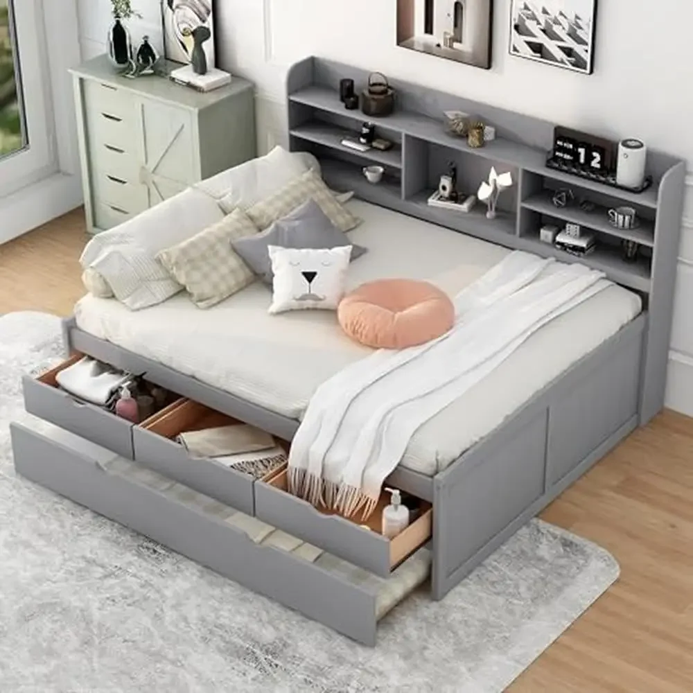 Full Size Captain Bed with Trundle and Storage Drawers Bookcase Wood Daybed Guest Bed Solid Pine Wood Slats 78.7"L x 104.6"W x