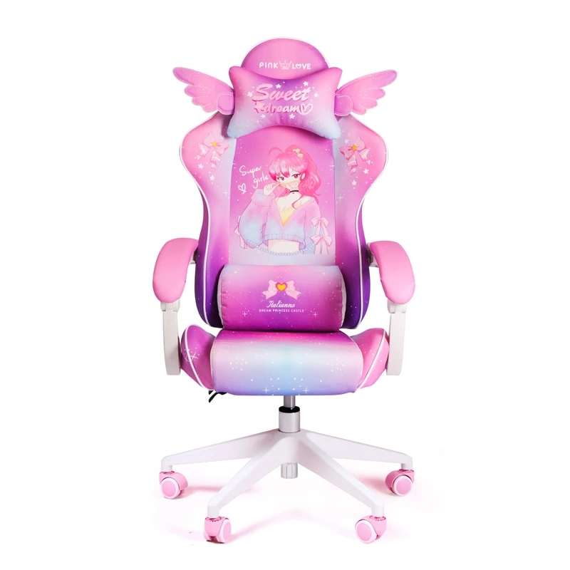 เบาะยางสำหรับยกและหมุนได้สำนักงานบ้าน Kursi GAMING การ์ตูนอนิเมะสีชมพูเก้าอี้คอมพิวเตอร์สำหรับการแข่งขันกีฬาอิเล็กทรอนิกส์