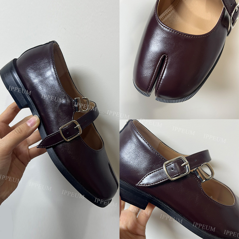 IPPEUM Туфли таби на плоской подошве Туфли с разделенным носком Большие размеры 44, лоферы, коричневые, черные кожаные женские туфли Мэри Джейн